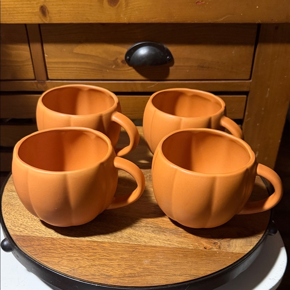 Pottery Barn Orange Pumpkin-Shaped Ceramic Mugs - Set of 4